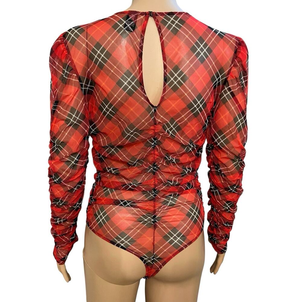 Victorias Secret Sheer Tartan Plaid Mesh Bodysuit Medium Ruched Long Sleeve Red - Picture 5 of 9